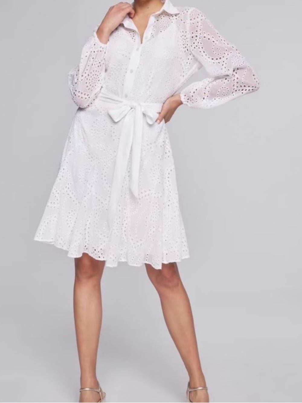 White House Black Market Eyelet Shirt Dress White Size 4 Long Sleeve Tie Waist - Picture 4 of 10